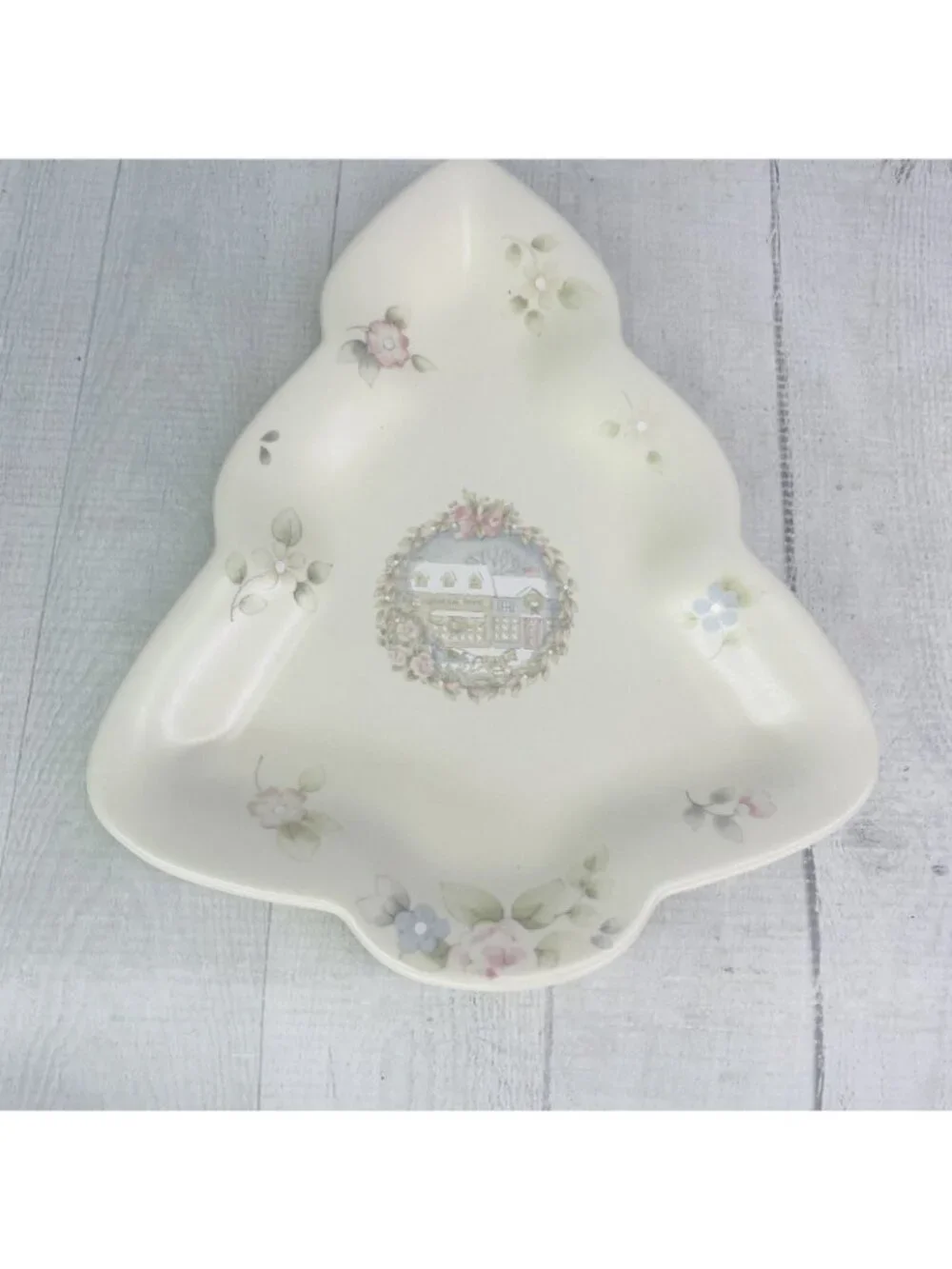 1980's Pfaltzgraff TEA ROSE Pink Roses Blue Flowers Stoneware Tree Shape Dish